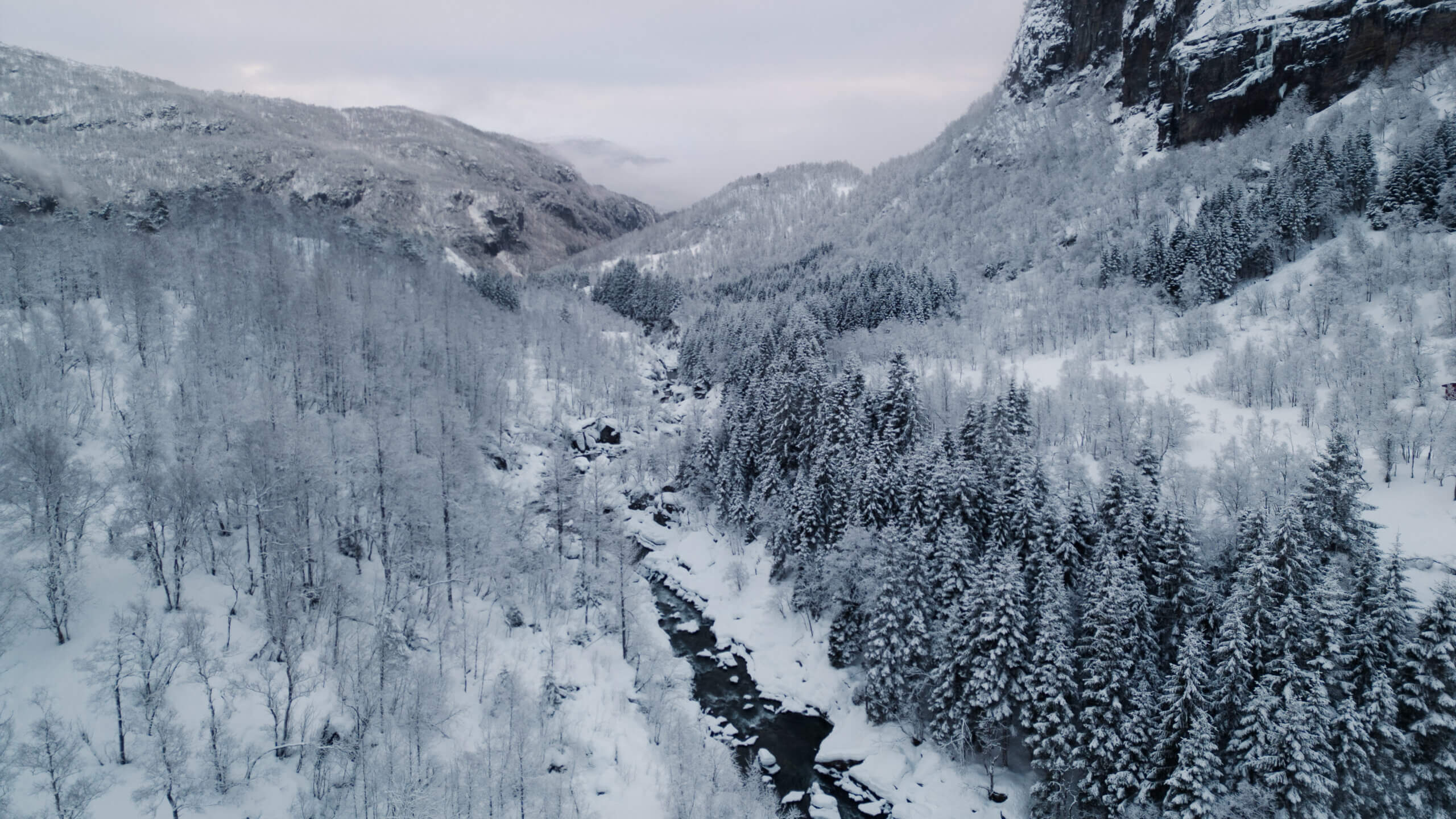 Aerial image of Åbødalen valley in winter - the valley is covered in snow, a river snaking through a forested snowdraped landscape.
