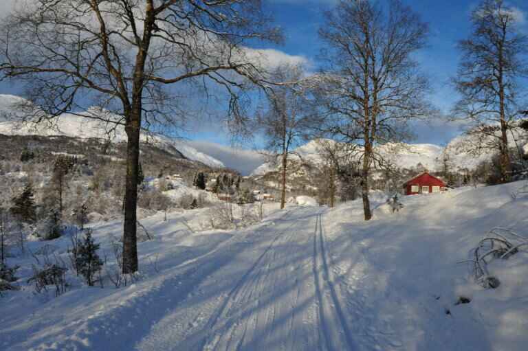 Nordstøldalen - a valley in Sauda in snow on a sunny day.