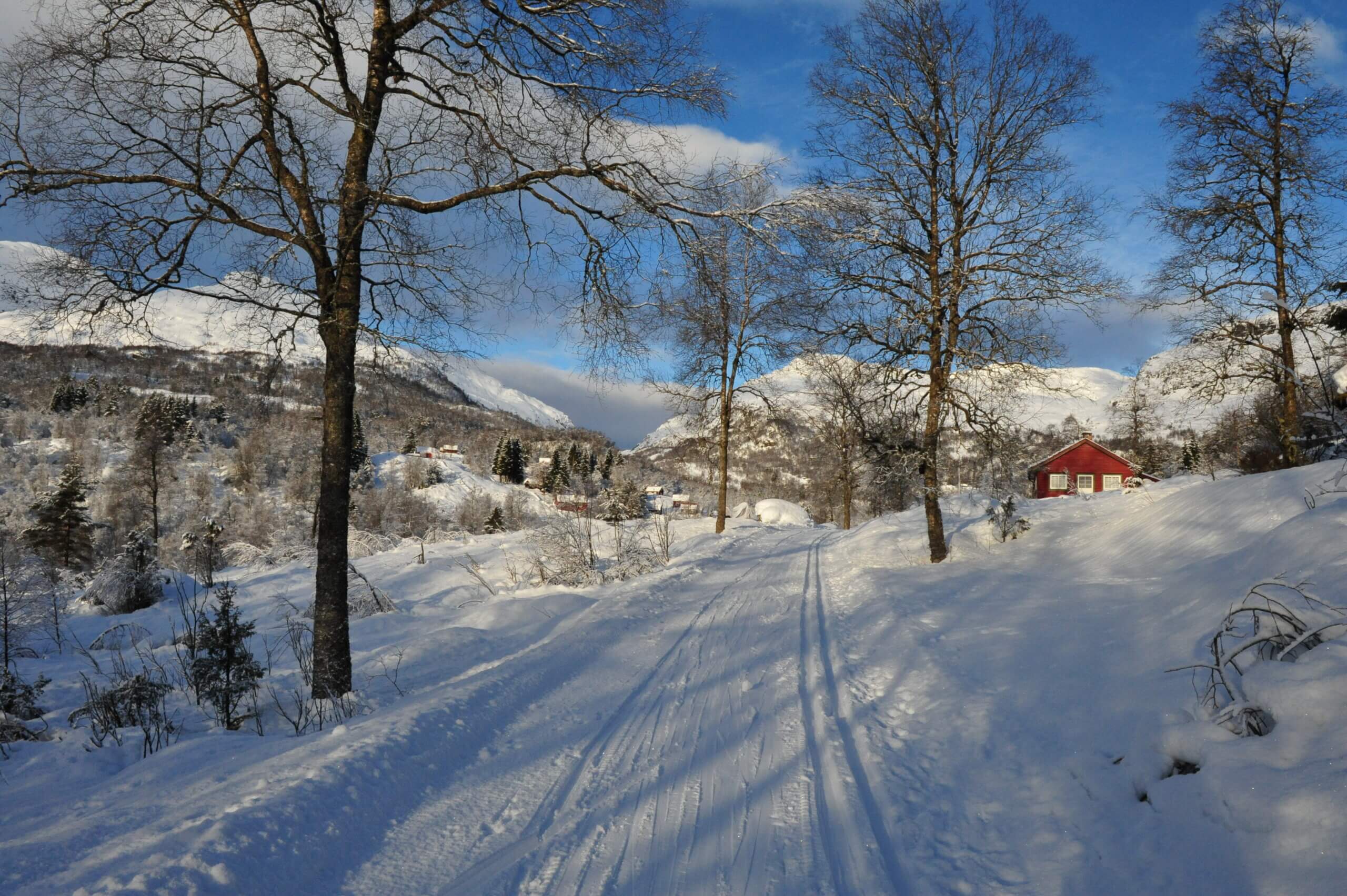Nordstøldalen - a valley in Sauda in snow on a sunny day.