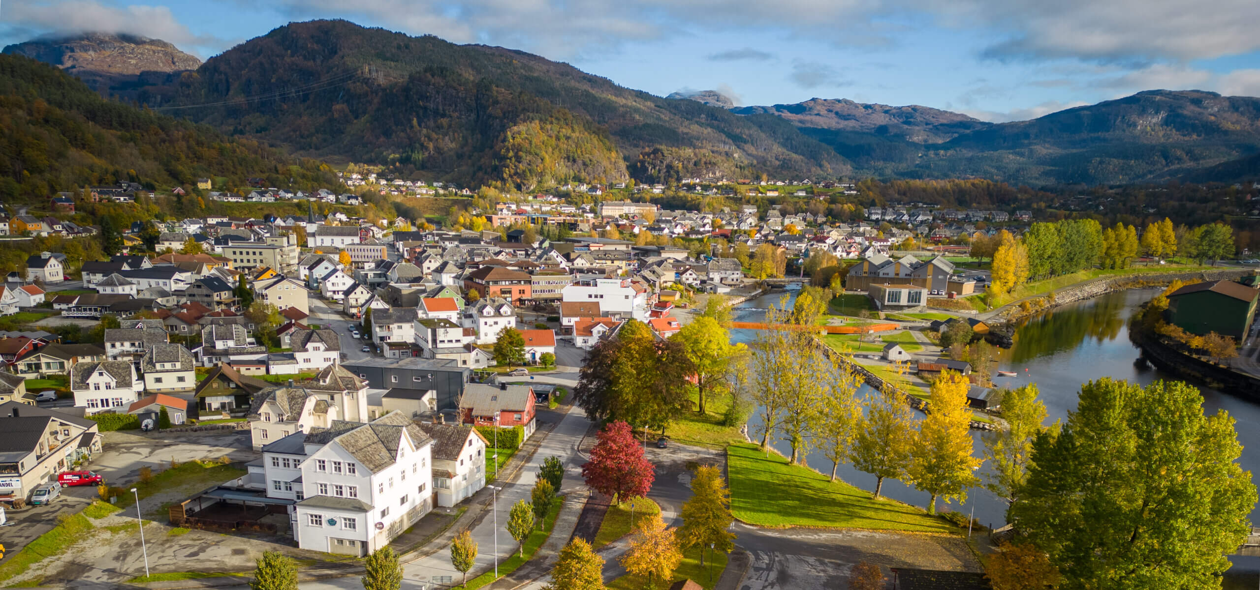 Aerial photo of Sauda, Norway in autumn.