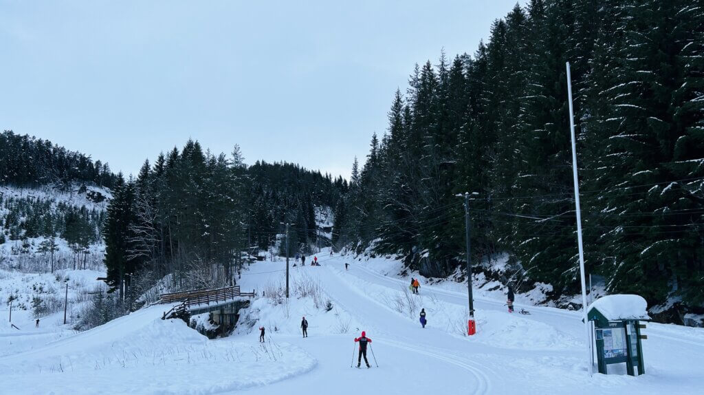 Folk står på ski og akar på Lyngmyr skiområde i Sauda på ein overskya vintersdag.