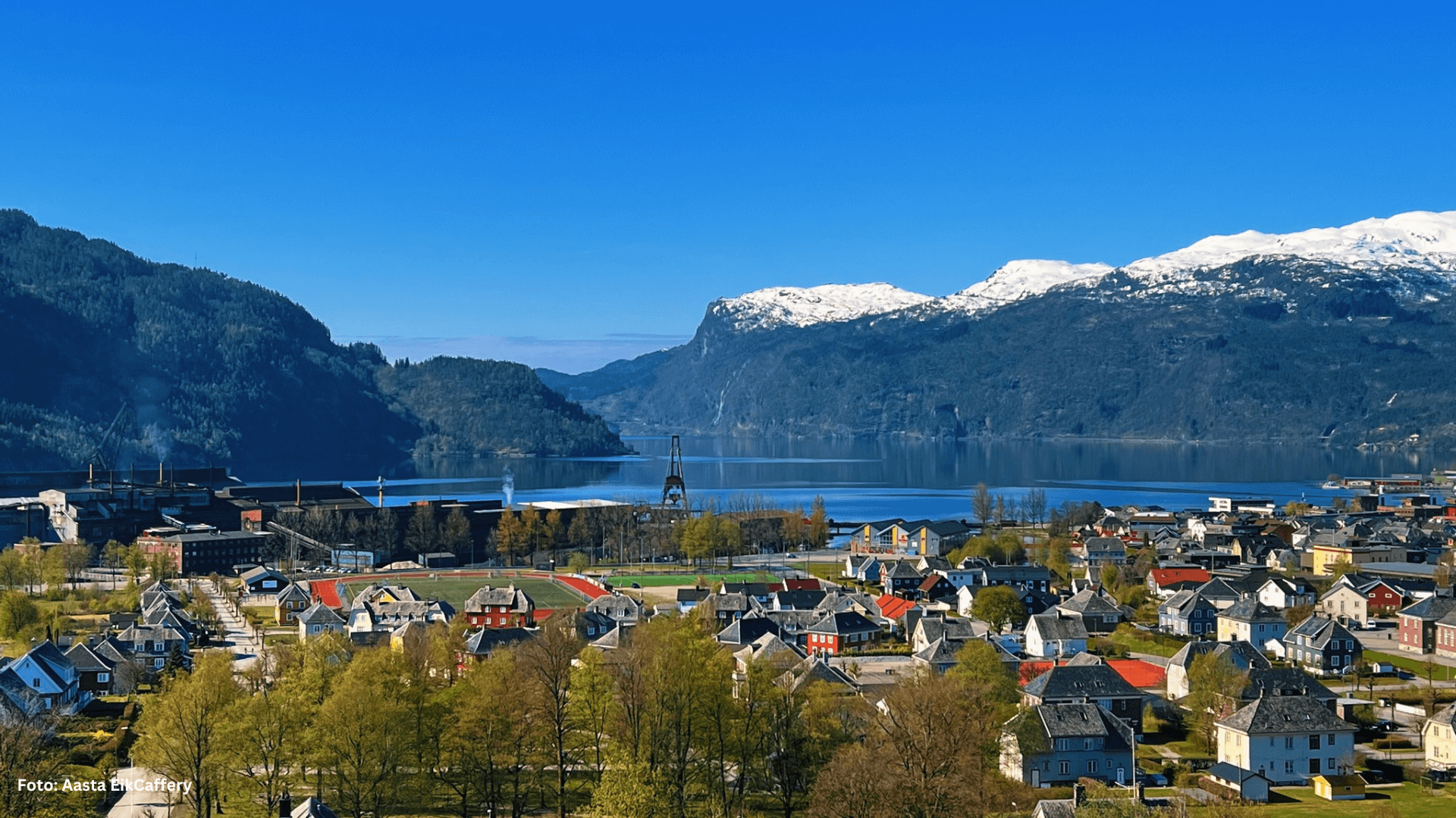 Utsikt over en fjordby om sommeren.